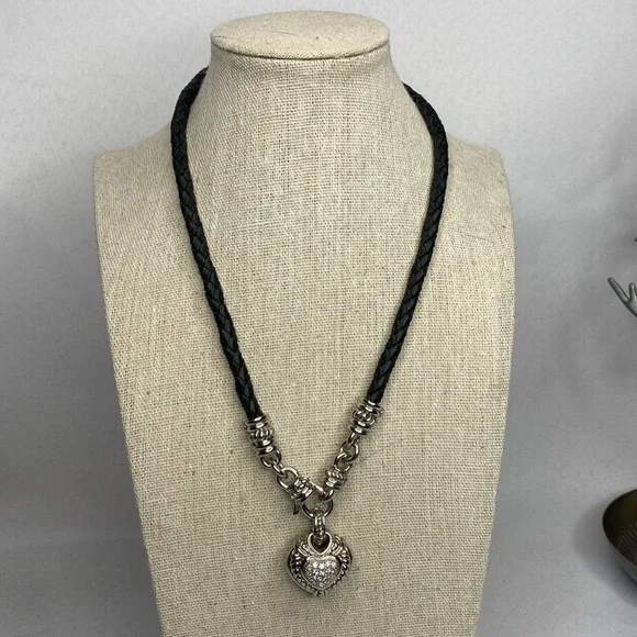 Judith Ripka Sterling Silver leather cord heart Diamonique necklace - Picture 2 of 6